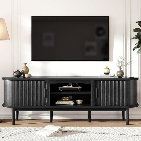 Mid-Century TV Stand with Power Outlets & Fluted Sliding Doors