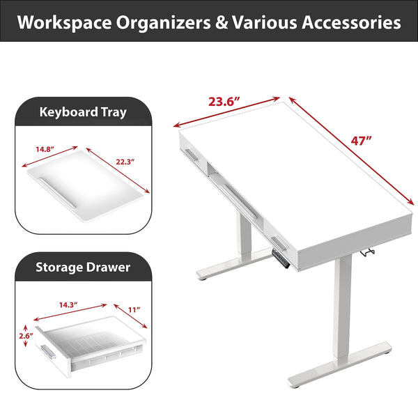 48-Inch Electric Height Adjustable Standing Desk with Keyboard Tray & 2 Drawers