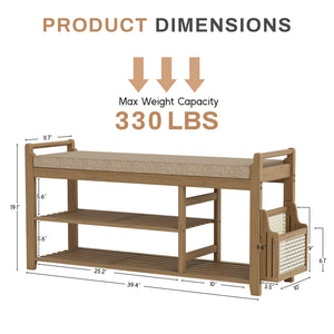 Bamboo Entryway Shoe Bench with Cushion and Side Holder
