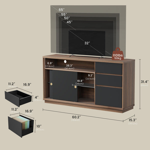 60" Storage Cabinet with File Drawer & Built-in Outlet