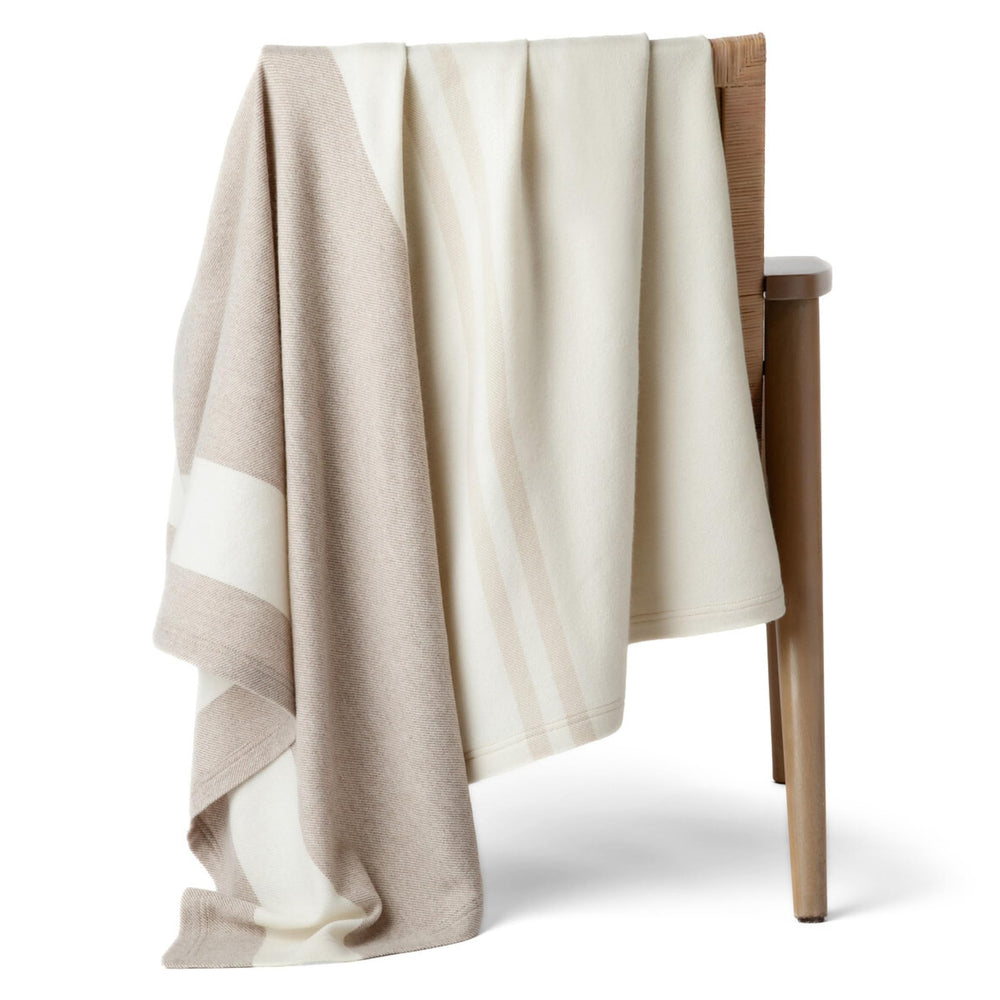 100% Pure Cashmere Throw Blanket — Large Woven Stripe, White Beige Brown