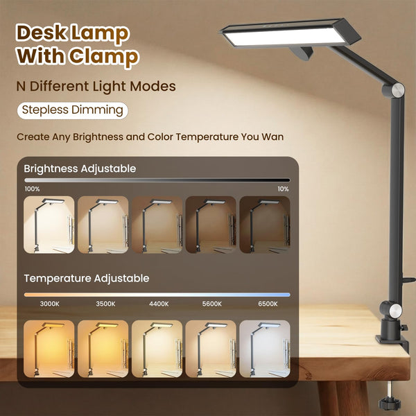 LED Desk Lamp with 2-in-1 Base & Clamp – Black