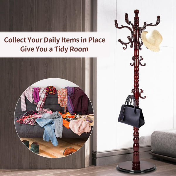 Freestanding Wooden Coat Rack with 14 Hooks