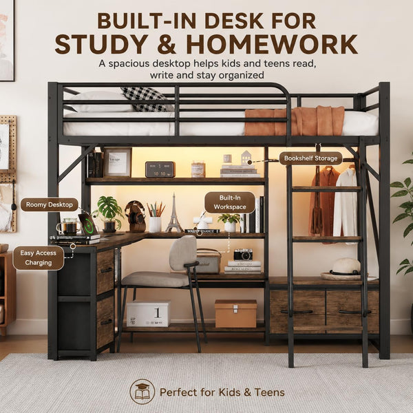 Metal Loft Bed with Desk, Storage & RGB LED Lights