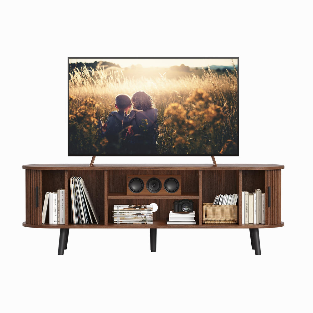Mid-Century Modern TV Stand with Fluted Sliding Doors