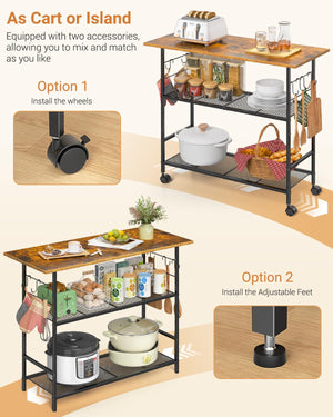 3-Tier Rolling Kitchen Island Cart with Lockable Wheels