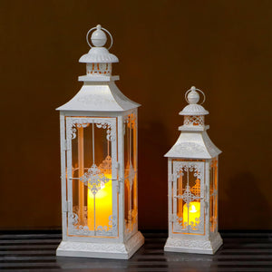 Vintage Metal Candle Lanterns Set of 2 – Indoor Outdoor Hanging Lanterns with Tempered Glass