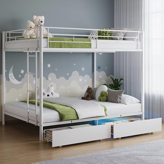 Twin Over Twin Metal Bunk Bed with LED Lights & USB Charging