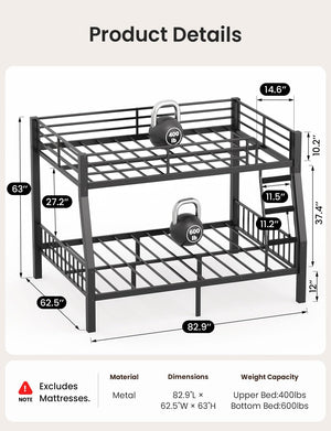 Full XL Over Queen Bunk Bed – Heavy Duty Metal Frame