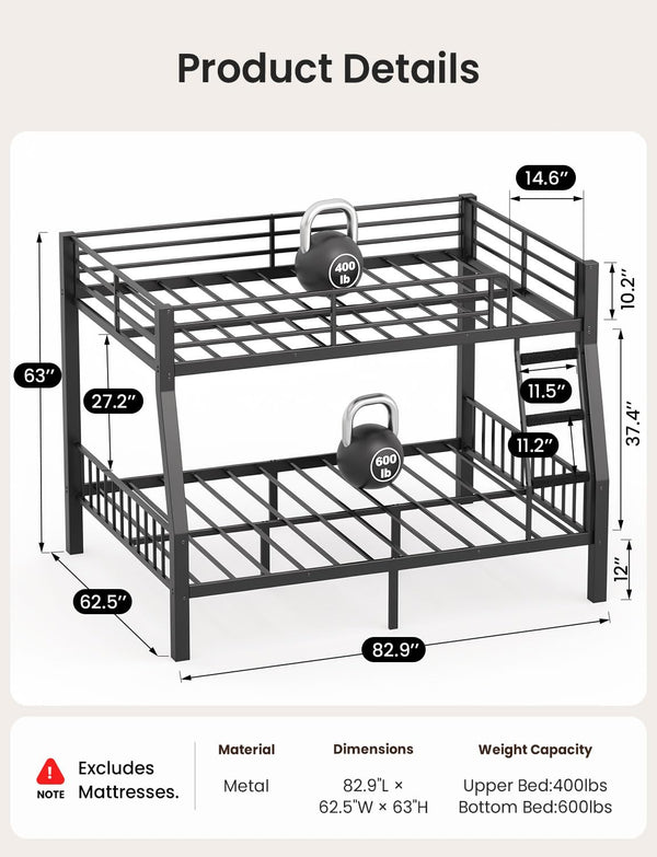 Full XL Over Queen Bunk Bed – Heavy Duty Metal Frame