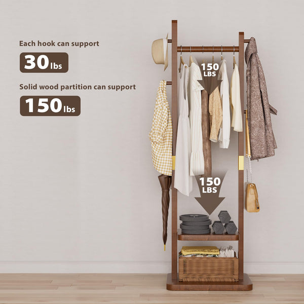 Solid Wood Coat Rack with 2 Shelves & 5 Hooks – Freestanding Clothes Stand