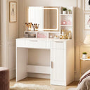 Fluted Makeup Vanity Desk with LED Mirror & Power Strip
