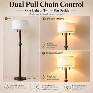 Solid Oak Wood Floor Lamp — 62.8", 2-Light Pull Chain, 17" Drum Shade, 2 LED Bulbs