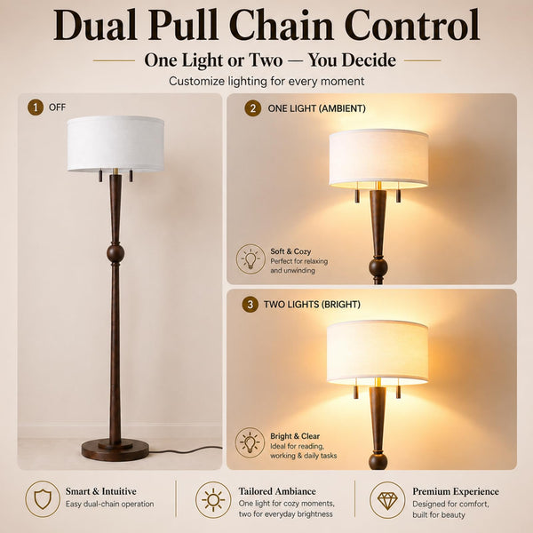Solid Oak Wood Floor Lamp — 62.8", 2-Light Pull Chain, 17" Drum Shade, 2 LED Bulbs
