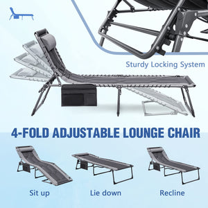 4-Fold Folding Outdoor Chaise Lounge Chair with Pillow & Side Pocket
