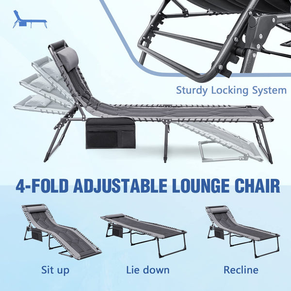 4-Fold Folding Outdoor Chaise Lounge Chair with Pillow & Side Pocket