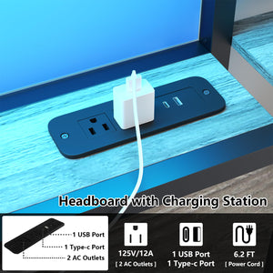 King Size Headboard with LED Lights, Charging Station & Storage Shelves