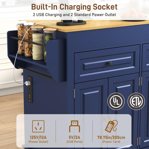 Extendable Kitchen Island Cart with Dining Table & Power Outlet