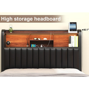 Queen & Full Platform Bed Frame with LED Lights, Storage Headboard & Charging Station