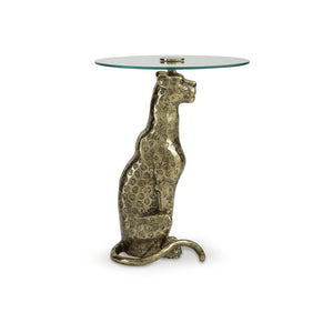 Leopard Base Glass Accent Table – Round End Table, Clear & Gold