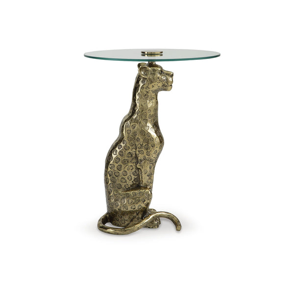 Leopard Base Glass Accent Table – Round End Table, Clear & Gold