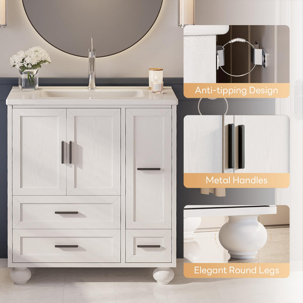 29.5" Bathroom Vanity with Sink, Hair Tool Drawer, 4 Drawers & 2 Doors – White