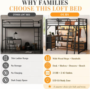 Metal Loft Bed with Desk, Storage & RGB LED Lights