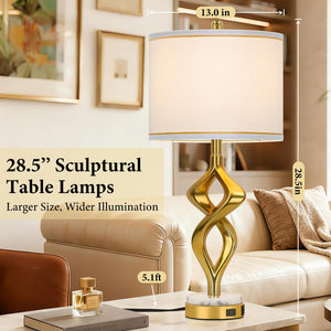 Sculptural Gold Table Lamps Set of 2 with USB Charging & Marble Base