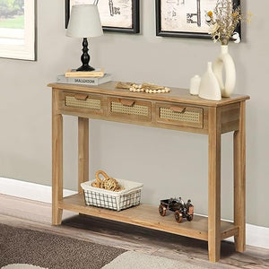 Farmhouse Console Table with Rattan Drawers & Open Shelf