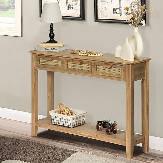 Farmhouse Console Table with Rattan Drawers & Open Shelf