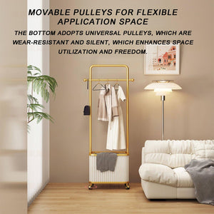Gold Metal Garment Rack with Storage Basket & Rolling Wheels