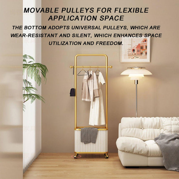 Gold Metal Garment Rack with Storage Basket & Rolling Wheels