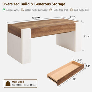 48" Farmhouse Coffee Table with Hidden Storage Drawer