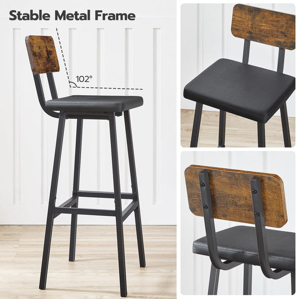 Bar Stools Set of 2 – PU Upholstered with Backrest & Footrest, Rustic Brown & Black