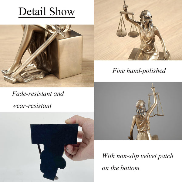 Lady Justice Statue Bookends – Gold Metal & Resin, Set of 2