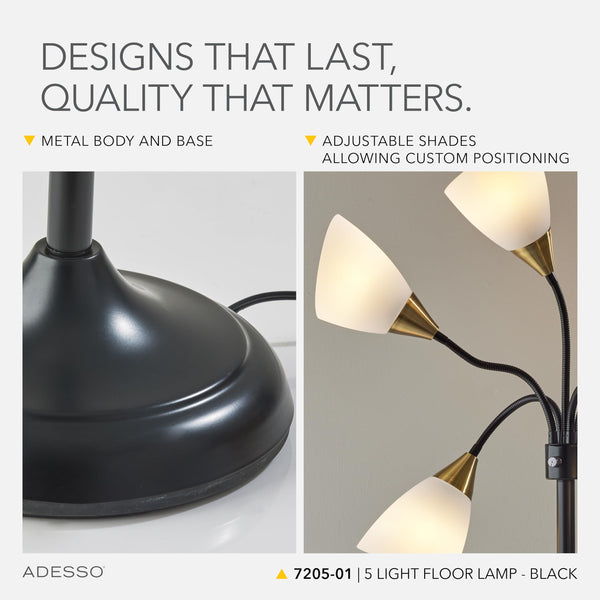 5-Head Arc Floor Lamp with Adjustable Gooseneck Shades