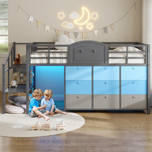 Kids Low Loft Bed with Storage Drawers and LED Lights