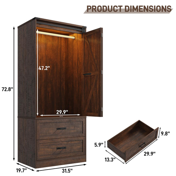 Farmhouse Sliding Door Wardrobe with LED Light & Drawers