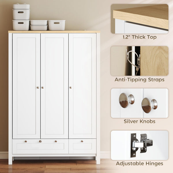 3-Door Armoire Wardrobe Closet with 2 Drawers and Hanging Rod