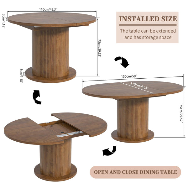 Adjustable Round Dining Table with Wood Strip Base