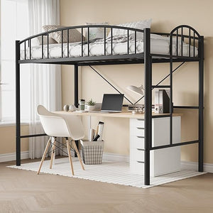 Twin Size Metal Loft Bed with Staircase & Arched Guardrail
