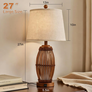 Bamboo Woven Table Lamp Set of 2 with Nightlight & USB Ports