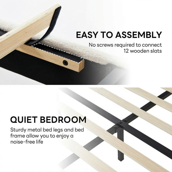 Full Upholstered Boucle Platform Bed Frame with Headboard & USB Ports