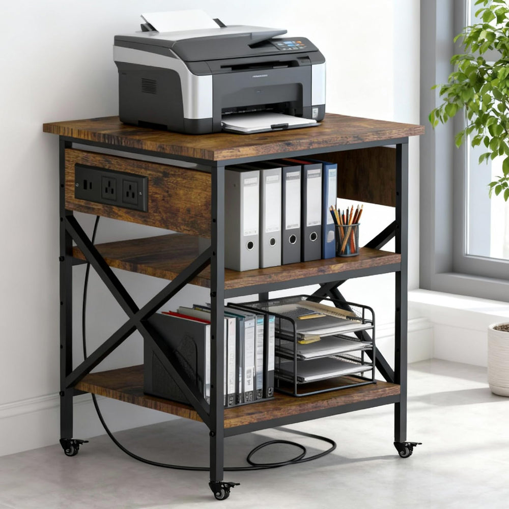 3-Tier Printer Stand with Power Outlet & Locking Casters