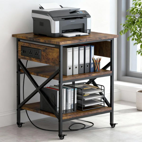 3-Tier Printer Stand with Power Outlet & Locking Casters