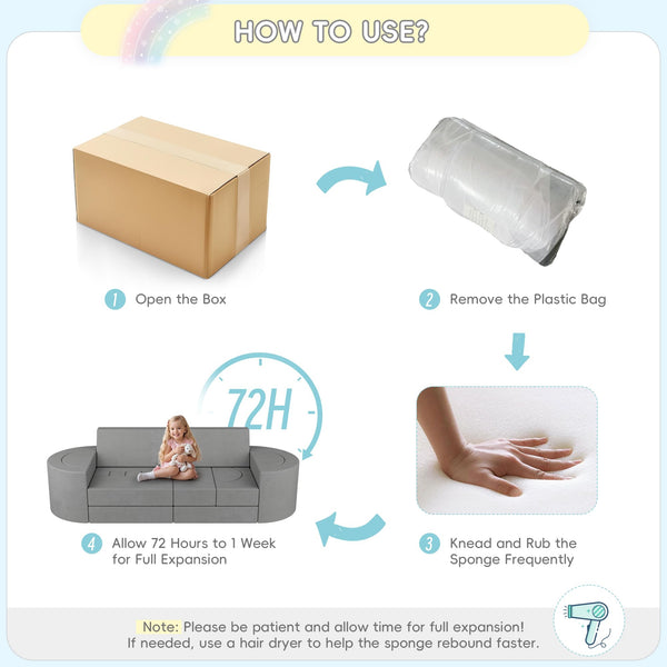 Modular Kids Play Couch – 68" Convertible Foam Sofa