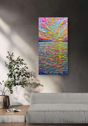 Abstract Sunrise Canvas Wall Art – Hand-Painted Knife Painting, 24x48 Inch