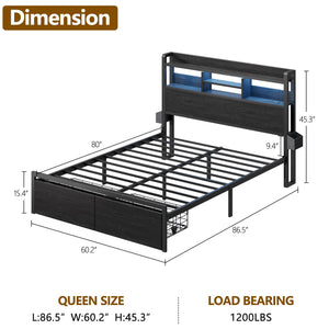 Platform Bed Frame with Storage Drawers, LED Lights & Charging Station