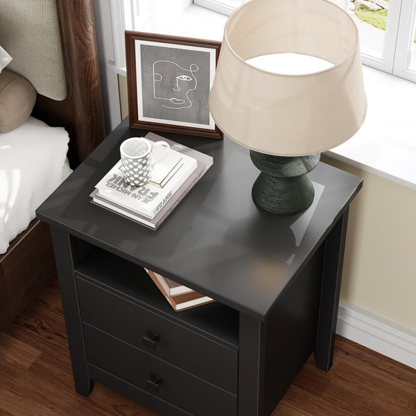 Farmhouse Nightstand Set of 2 with 2 Drawers and Open Shelf