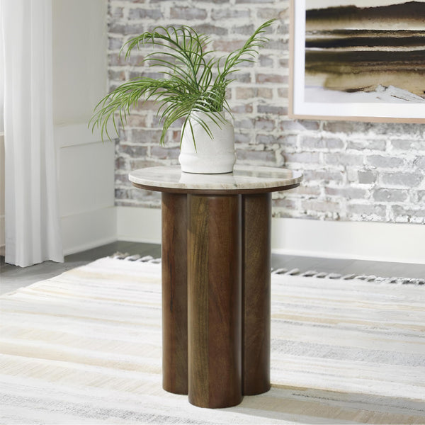 Round Marble Top Accent End Table with Wood Legs